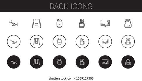 back icons set. Collection of back with swing, pencil case, postcard, backpack. Editable and scalable back icons.
