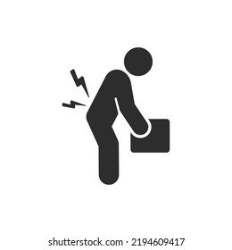 Back Injury Icon. Person Improperly Lifts Weight And Injures Back. Monochrome Black And White Symbol