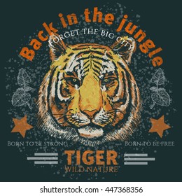 Back in the jungle poster t-shirt print with tiger head and vintage fonts vector 