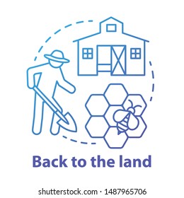 Back to the land blue concept icon. Agrarian movement idea thin line illustration. Living in commune. Farming and beekeeping. Smallholding. Vector isolated outline drawing. Editable stroke