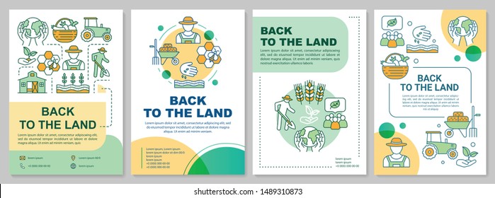 Back to the land brochure template layout. Agrarian movement. Flyer, booklet, leaflet print design with linear illustrations. Vector page layouts for magazines, annual reports, advertising posters
