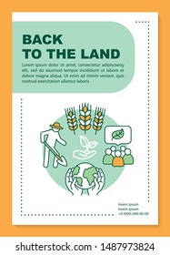 Back to the land poster template layout. Eco farm. Nature lover. Environment protection. Banner, leaflet print design with linear icons. Vector brochure page layouts for magazines, advertising flyers