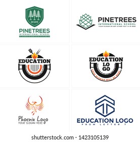 Back line art logo design badge grill combined fire and tree with phoenix suitable for education modern school international