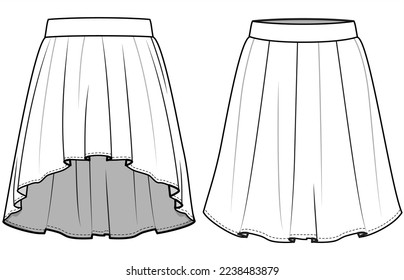 Back Long Short Skirt, Dipped Hem Skirt Front and Back View. Fashion Illustration, Vector, CAD, Technical Drawing, Flat Drawing, Template, Mockup.	  