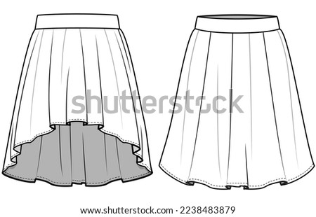 Back Long Short Skirt, Dipped Hem Skirt Front and Back View. Fashion Illustration, Vector, CAD, Technical Drawing, Flat Drawing, Template, Mockup.	  