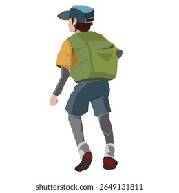 Back of a male hiker. Carrying a bag and wearing a hat. Moving forward on an isolated white background.