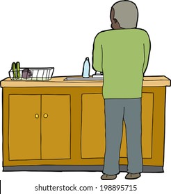 Back Of Man Doing Dishes Over White Background