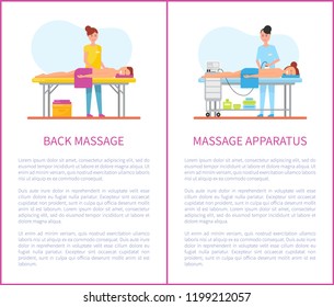 Back massage and apparatus machine posters with text sample vector. Masseuses using lotions and special equipments for skin care of male and female