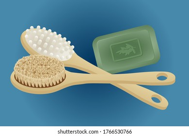 Back and massage brush for the bath or shower with a large wooden handle and a natural organic olive oil soap.