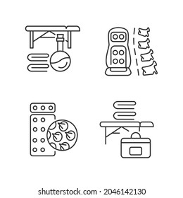 Back massage equipment linear icons set. Portable table. Acupressure mat and vibrating pad.Customizable thin line contour symbols. Isolated vector outline illustrations. Editable stroke