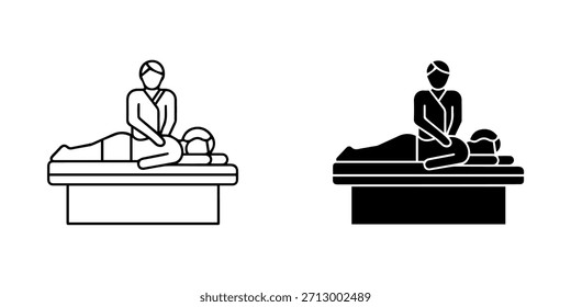 Conjunto de iconos de terapia de masaje de espalda que muestra a una persona que recibe un tratamiento relajante en una mesa, aislado en
