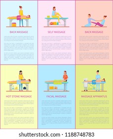 Back massage therapy treatment posters with editable text set vector. Specialist professional masseurs and clients care. Facial cosmetic skincare