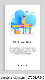 Back massage vector, woman massaging body and muscles of client flat style, therapist with customer laying on table, oils and lotions usage. Website or app slider template, landing page flat style
