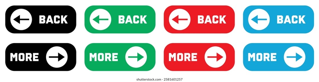 Back and More navigation buttons. Prev, next. Web page button for move to the next and previous item. Web buttons with arrow for web site and user interface. Vector illustration.