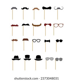 Back mustaches, glasses and gentlemen hats on stick set of flat vector illustration isolated on white background. Retro vintage carnival masks collection.