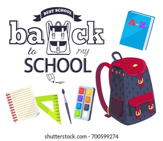 Back to my school black and white cartoon style sticker with inscription. Vector of backpack along with graphite pencil, brush with paints