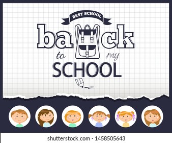 Back to my school design text of sticker with inscription of backpack along with graphite pencil on checkered background. Girls and boys in round icons vector. Back to school concept. Flat cartoon