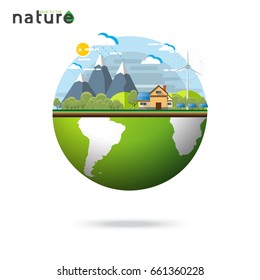 Back to the nature.Green eco earth and nature landscape with eco concept flat design.Vector illustration.