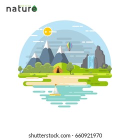 Back to the nature.Summer vacation travel nature landscape with eco concept flat design.Vector illustration.