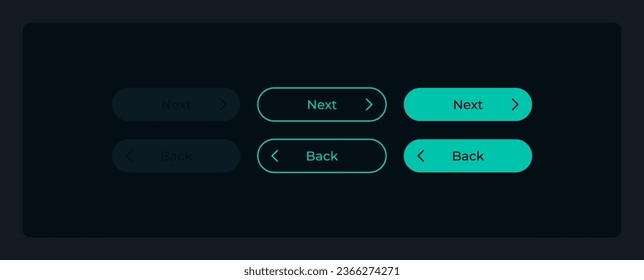 Back and next login buttons UI elements kit. Isolated vector components. Flat navigation menus and interface buttons template. Web design widget collection for mobile application with dark theme