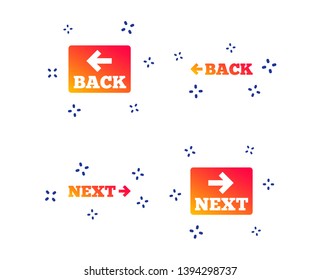 Back and next navigation signs. Arrow direction icons. Random dynamic shapes. Gradient back icon. Vector