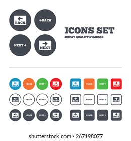 Back and next navigation signs. Arrow direction icons. Web buttons set. Circles and squares templates. Vector
