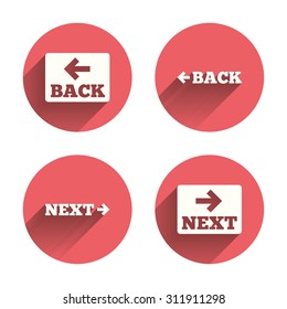 Back and next navigation signs. Arrow direction icons. Pink circles flat buttons with shadow. Vector
