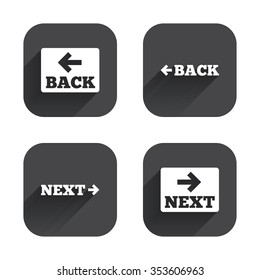 Back and next navigation signs. Arrow direction icons. Square flat buttons with long shadow.