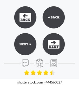 Back and next navigation signs. Arrow direction icons. Chat, award medal and report linear icons. Star vote ranking. Vector