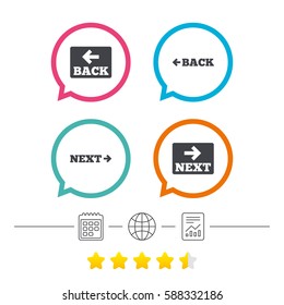 Back and next navigation signs. Arrow direction icons. Calendar, internet globe and report linear icons. Star vote ranking. Vector