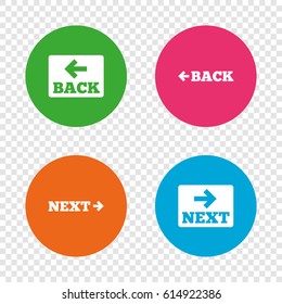 Back and next navigation signs. Arrow direction icons. Round buttons on transparent background. Vector