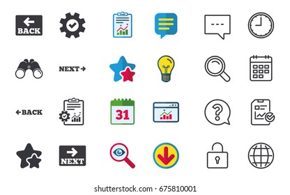 Back and next navigation signs. Arrow direction icons. Chat, Report and Calendar signs. Stars, Statistics and Download icons. Question, Clock and Globe. Vector