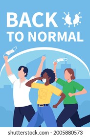 Back to normal after covid poster flat vector template. Return to normal routine. Brochure, booklet one page concept design with cartoon characters. Life after lockdown flyer, leaflet with copy space