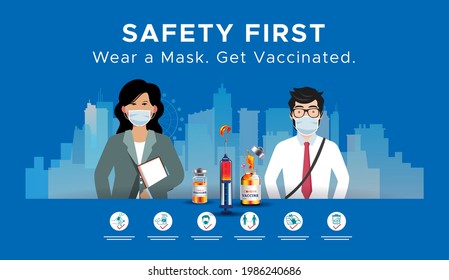 Back To Office. Safety First Against Corona Covid 19. Vaccine, Get Vaccinated Professional Businessman Employee Worker People City Market Corporate Office Business Unlocked Open New Normal Concept