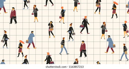 Back to office. Seamless pattern with people going to work.