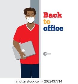 Back To Office, Young Business Man Employee With Laptop Opens The Door. Workplace New Normal Staff Style During Pandemic Covid-19 Coronavirus - Wearing Medical Face Mask. Flat Vector Banner, Poster