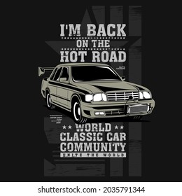 back on the hot road, fast engine classic car illustration
