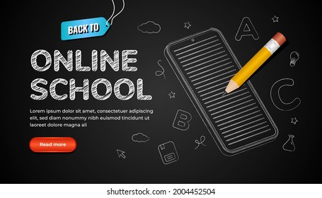 Back to online school background with editable text effect and icon chalk style on black board. 3d Pencil Illustration.