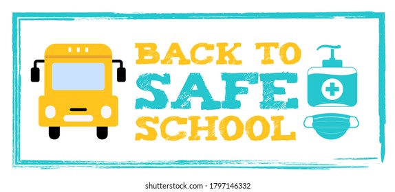 Zurück zu Online-Schulbanner mit Schulbus, chirurgischer Maske und flüssiger Seife.