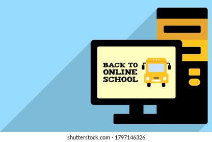 Volver a un cartel escolar en línea con computadora y autobús escolar.
