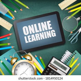 Back to online school. E-learning concept. School supplies with a tablet.  Vector.