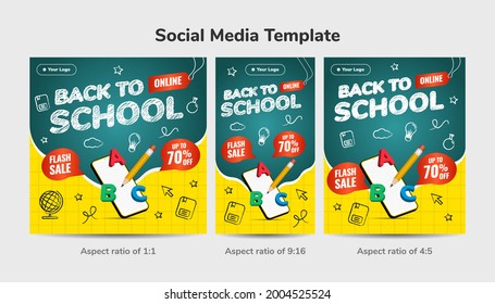 Back to online school social media template background. Flash Sale up to 70 percentage off. Design with icon chalk style and 3d illustration.