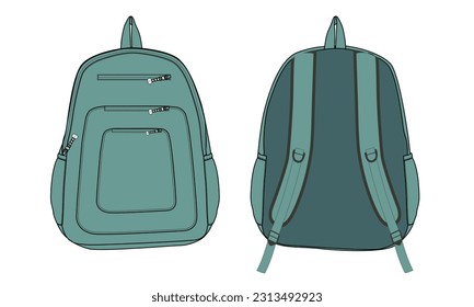 Back pack technical drawing fashion flat sketch vector illustration green color template front and back views isolated on white background