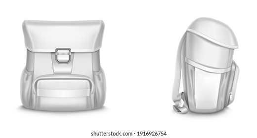 Mochila vectorial de mochila 3d, mochila para niños, bolso escolar vista frontal y lateral, mochila para estudiantes en blanco, mochila blanca o bolso de escuela con hondas, bolsillo con cerradura de cremallera y burla aislada Realista