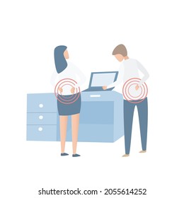 Back pain after sit and stand working with computer wrong position,pain on shouder neck and back come from wrong ergonomic working long time,Office Worker Syndrome Sick Business,Vector illustration.