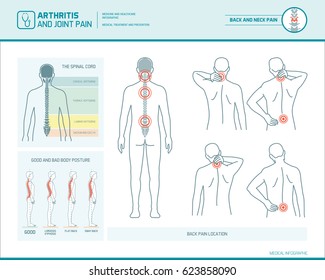 Back pain and body posture infographic with anatomical illustrations