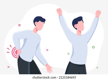 Back pain concept. Man holding on to his back, problems with lower back. Worker was carrying heavy objects, pinched nerve. Muscle problems, sedentary lifestyle. Cartoon flat vector illustration