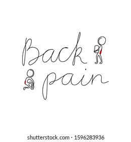 Back pain concept. Simple stick figures illustration with text for using in card, banner, brochure. Vector illustration
