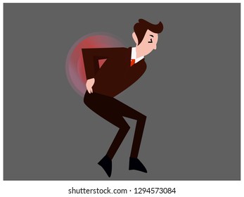 Back pain concept  vector illustration with male person holding back. Human health care and skeletal posture problems. Painful spinal injury tension