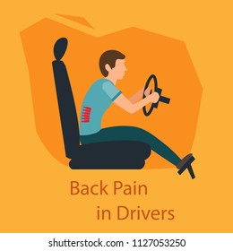 Back Pain in Driwers. Wrong sitting Position in Driving make Pain in Back of Driver. Red signal at Spine Area. Wrong Posture when Driving. Pain in Spine of Driver. Vector Illustration.